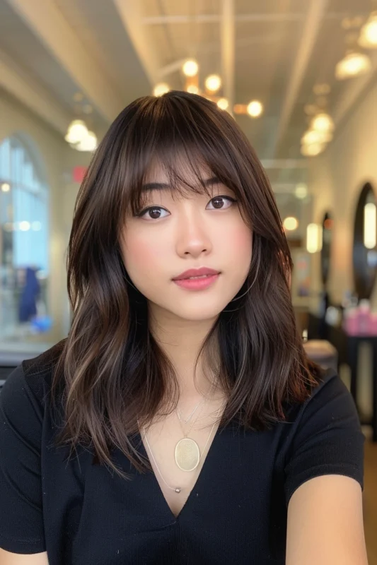 Woman with layered hair and curtain bangs.