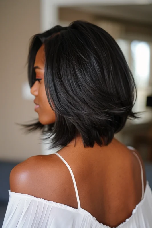 Side view of a woman with a layered lob haircut with stylish waves.