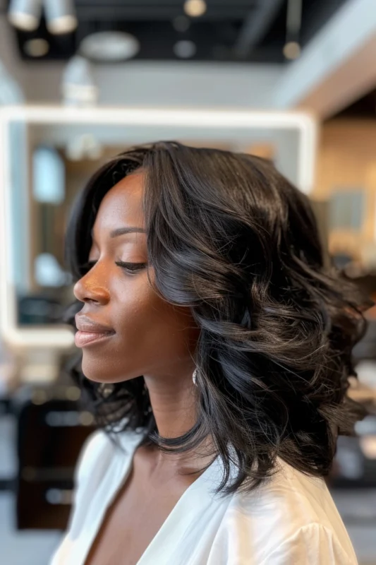 Side view of a layered lob haircut.