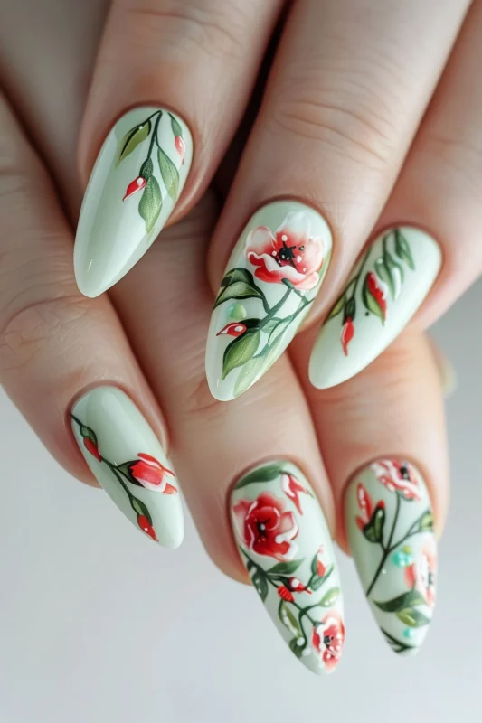Almond-shaped light green nails with hand-painted red flowers.