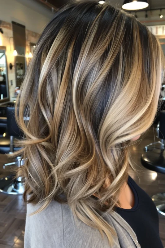 Woman with a wavy layered angled lob hairstyle.