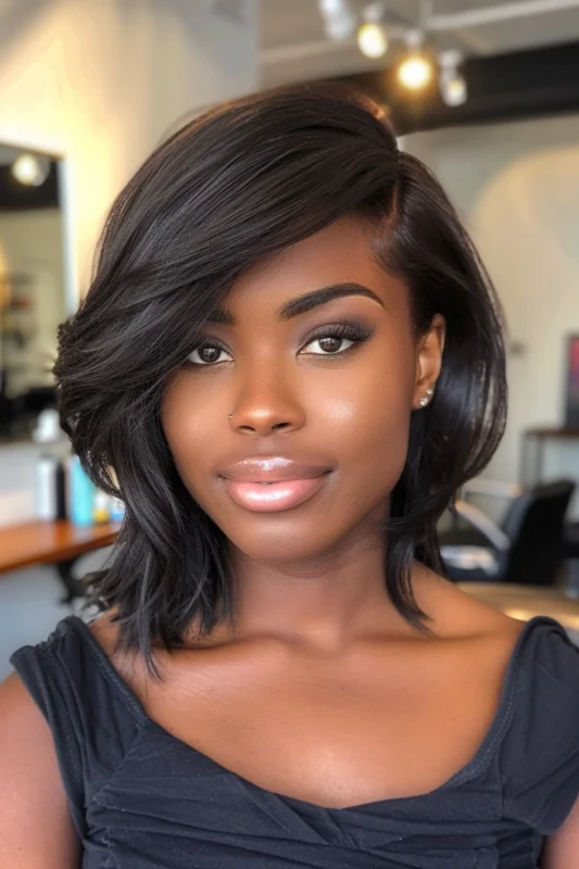 A sleek lob with side-swept bangs on glossy black hair.