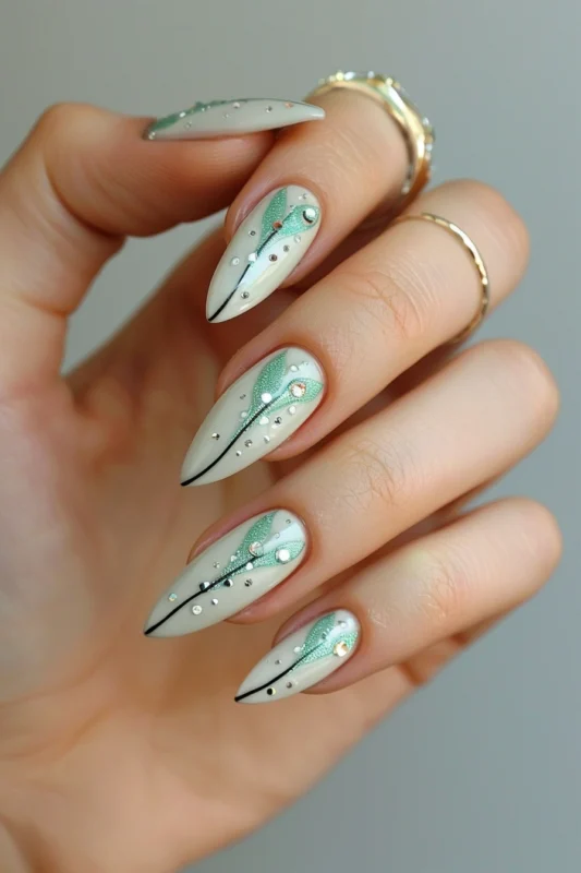 A hand with long, stiletto nails painted in a creamy base and decorated with shimmering mint green leaves and silver glitter accents.