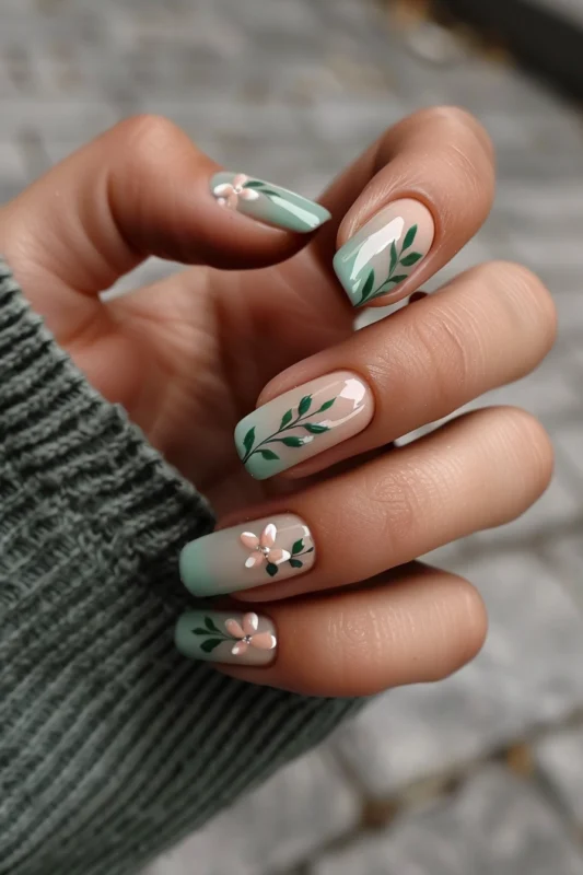 Mint green ombre nails with botanical design.