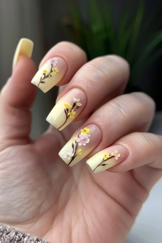 Nails with pastel yellow and transparent base and delicate floral designs.