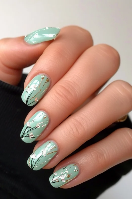 Sage green nails with gold floral accents.