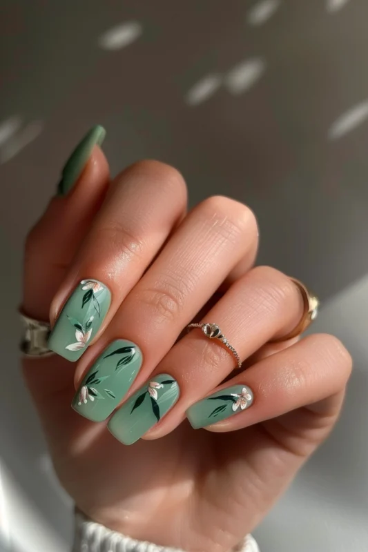 Sage green nails with white botanical illustrations.