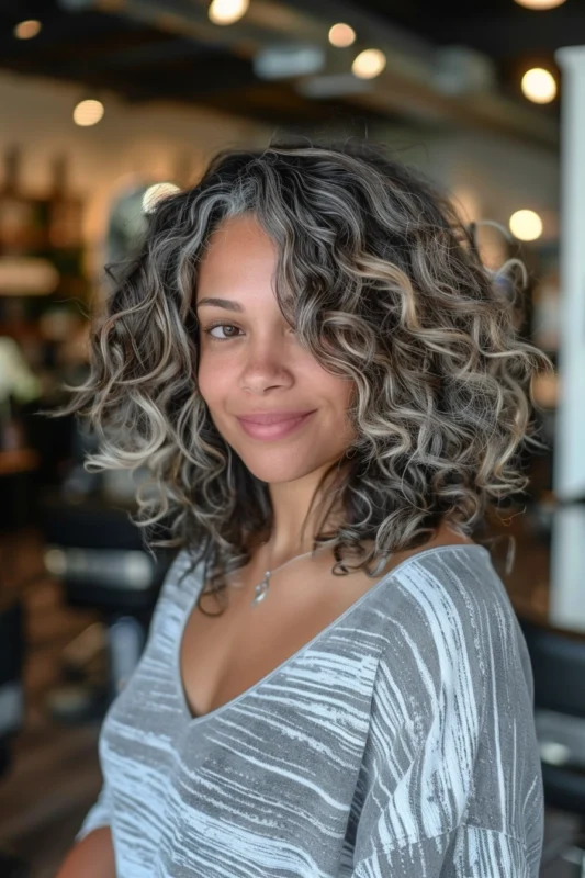 A woman with salt and pepper curly hair smiling brightly.