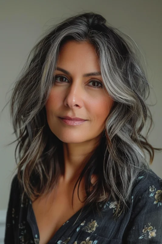 A woman with full, wavy salt and pepper hair.