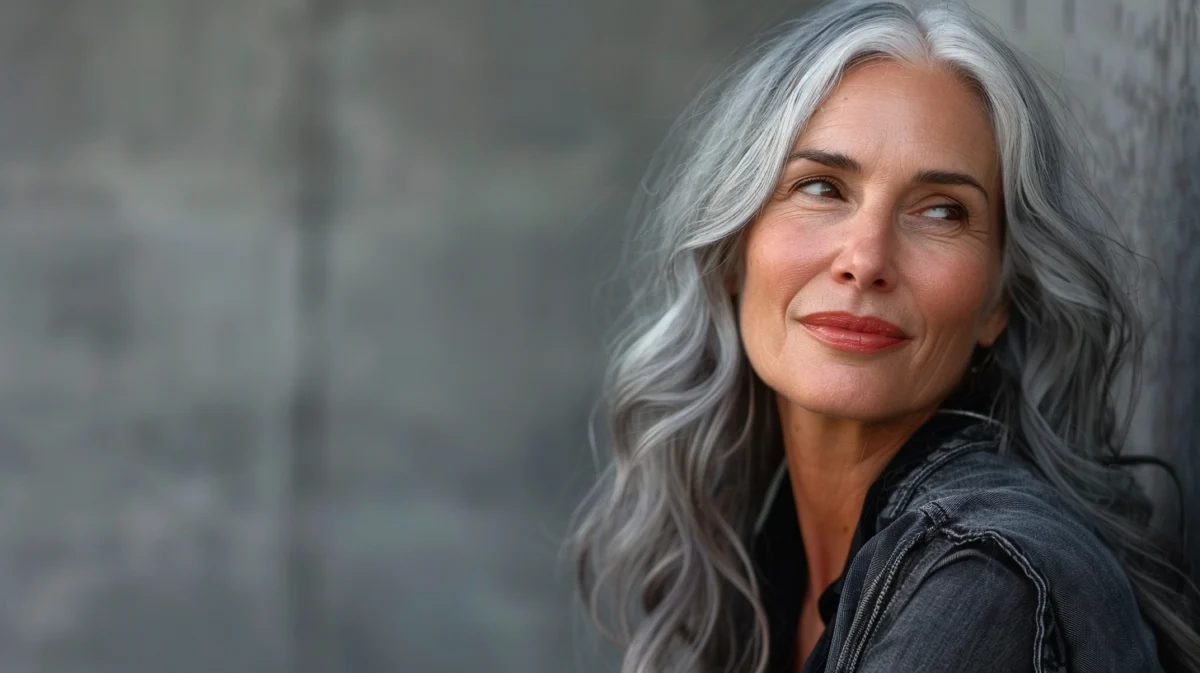 Older woman with long salt and pepper hair.