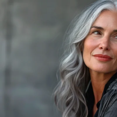 Older woman with long salt and pepper hair.