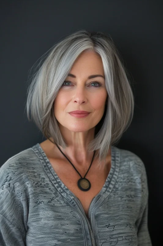 A woman with soft and modern salt and pepper lob.