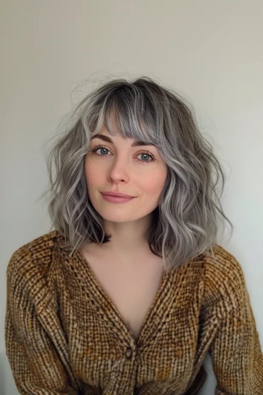 A woman with wavy, mid-length salt and pepper hair with bangs.