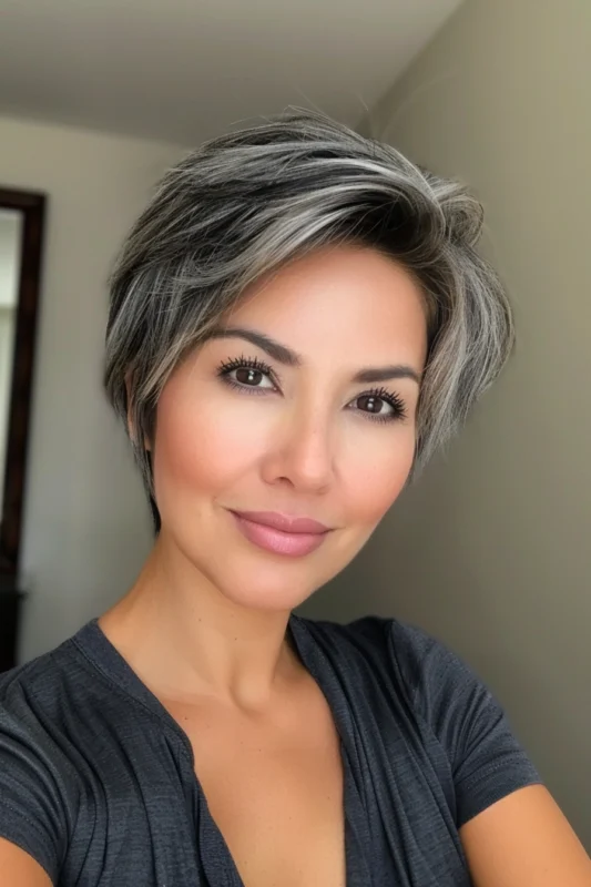 A woman with a sleek, short salt and pepper mom cut.