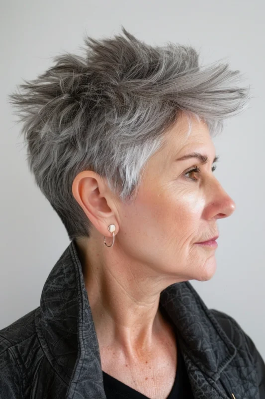 A woman with a textured pixie cut in salt and pepper shades.
