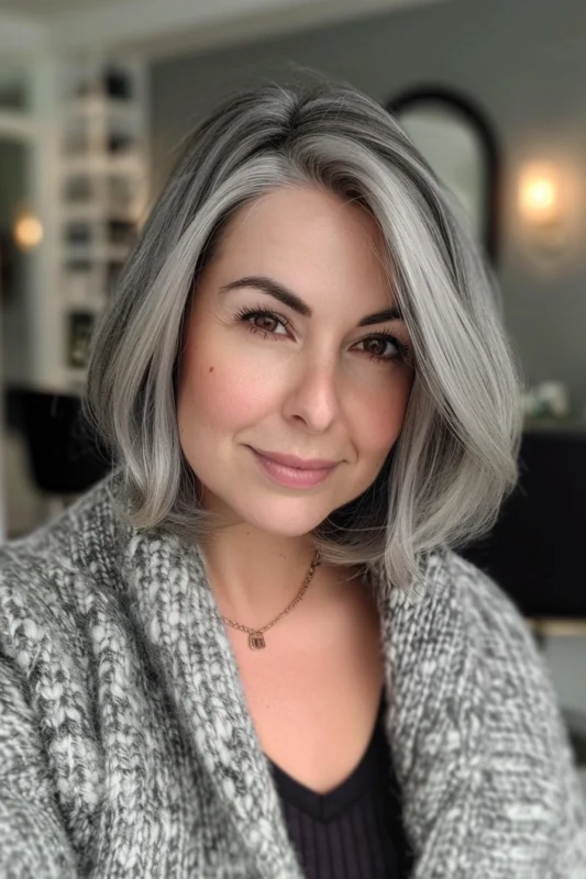 A woman with a short, feathered salt and pepper haircut.