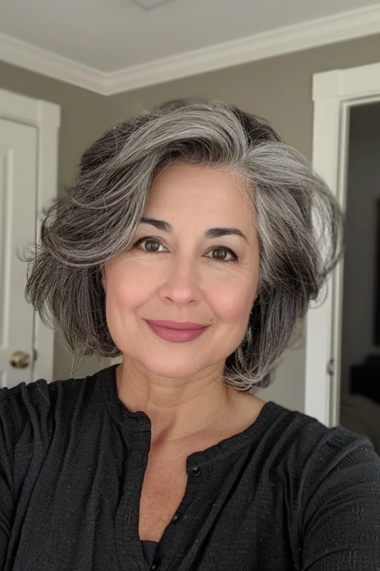 A woman with voluminous, textured salt and pepper hair.