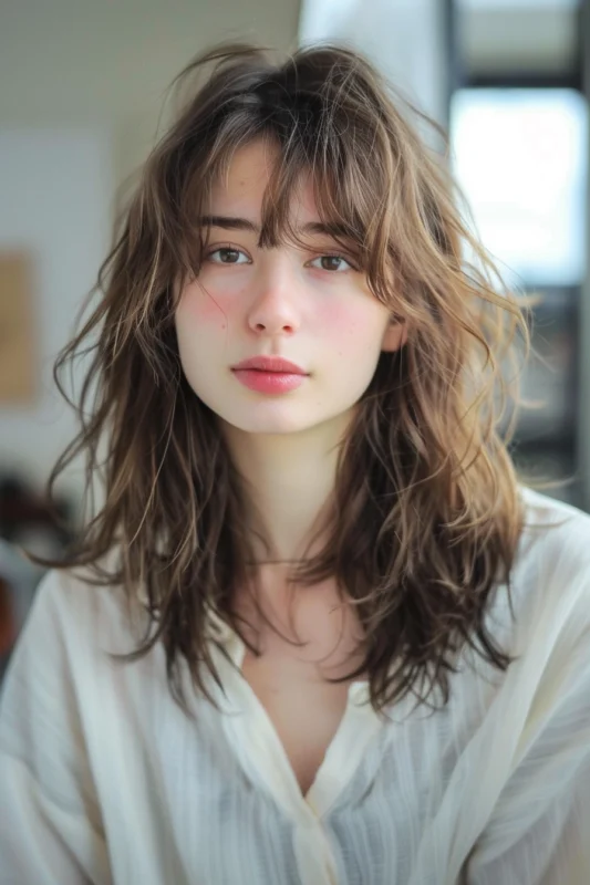 Woman with a tousled shag haircut and bangs.