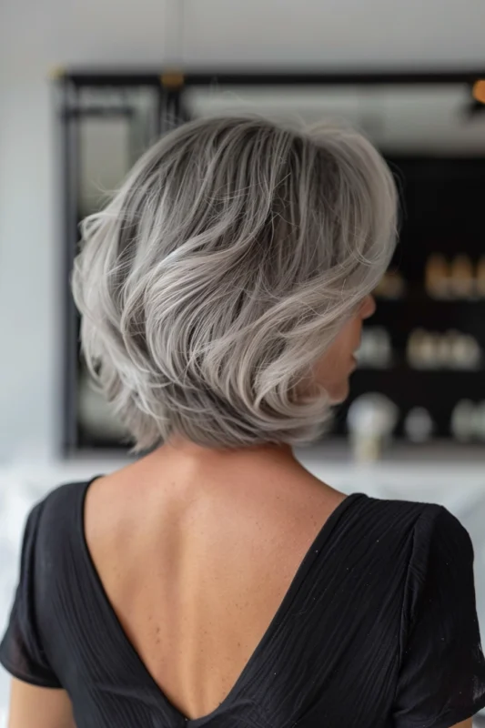 A woman with short, textured salt and pepper hair.