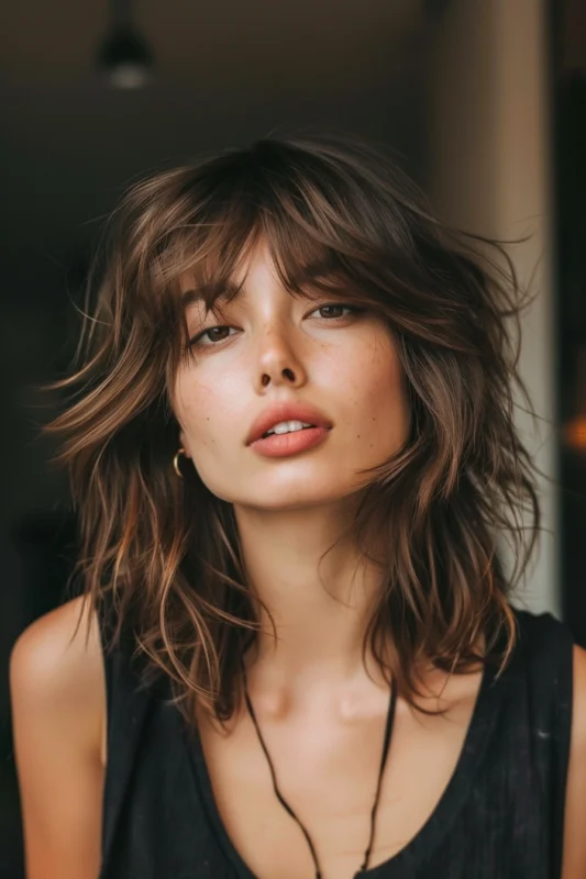Short shaggy hairstyle with bangs.