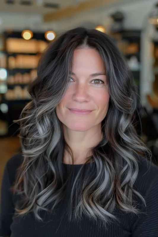 Woman with vibrant silver highlights on long black hair.
