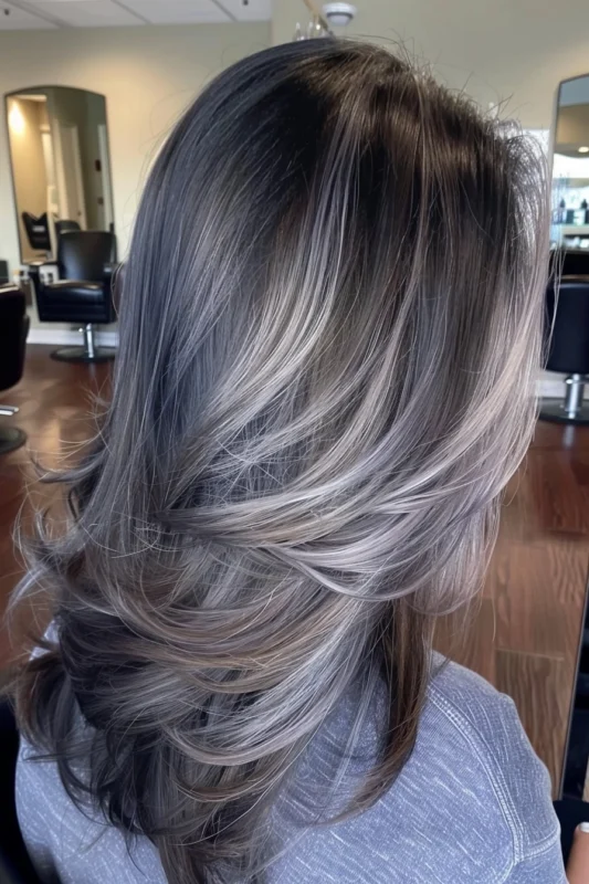 Person with expertly applied silver highlights on brown hair.