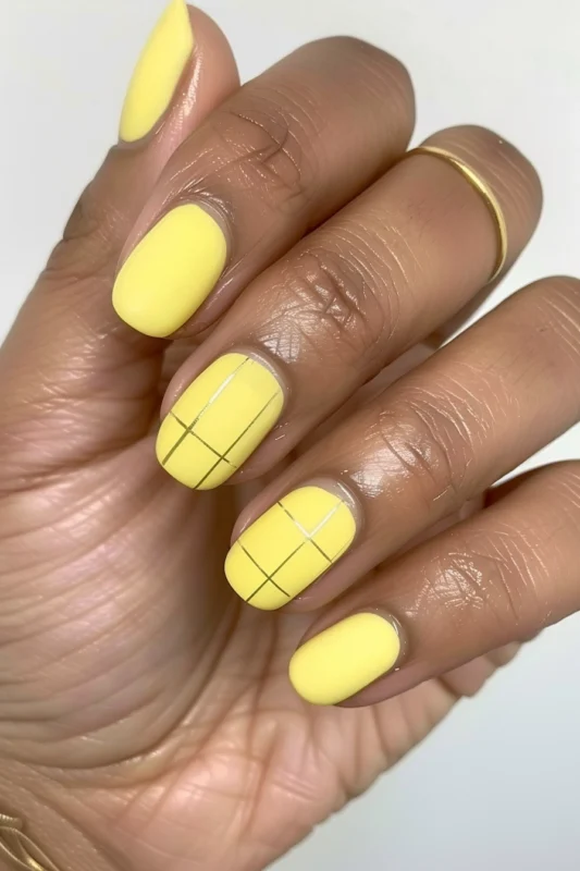 Matte yellow nails with subtle grid line accents on two nails.