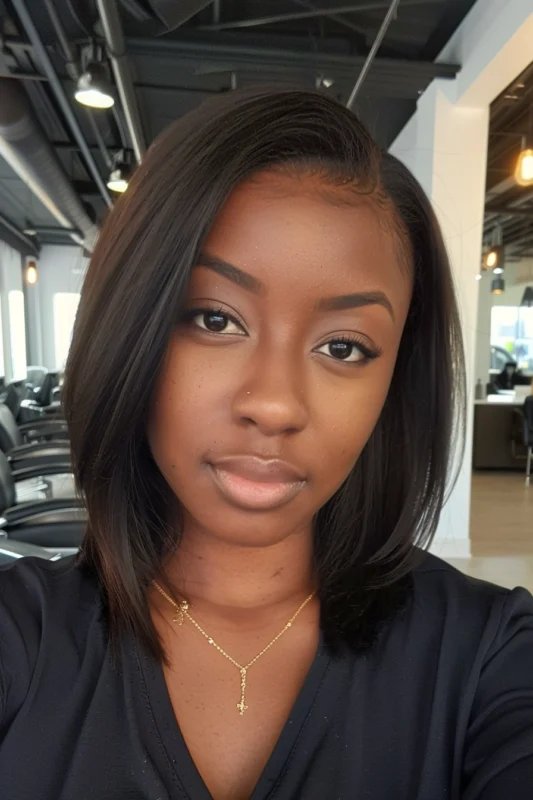 Woman with a sleek straight bob hairstyle.