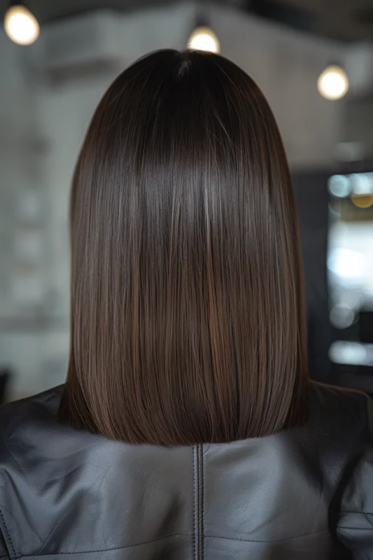 A sleek, straight medium-length haircut.