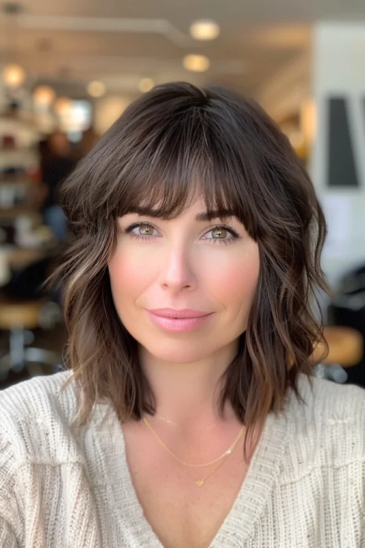 A textured bob with full bangs.