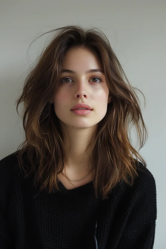 Medium length hair with textured layers.