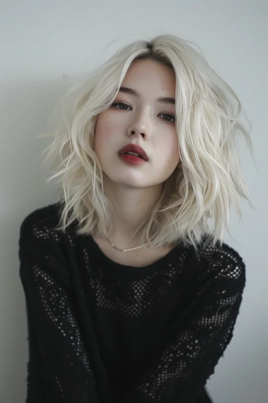 A shoulder-length textured lob in platinum blonde with dark root growth, styled in messy waves.