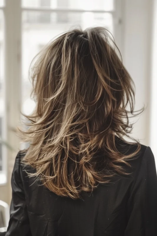 A medium-length textured shag with highlights.