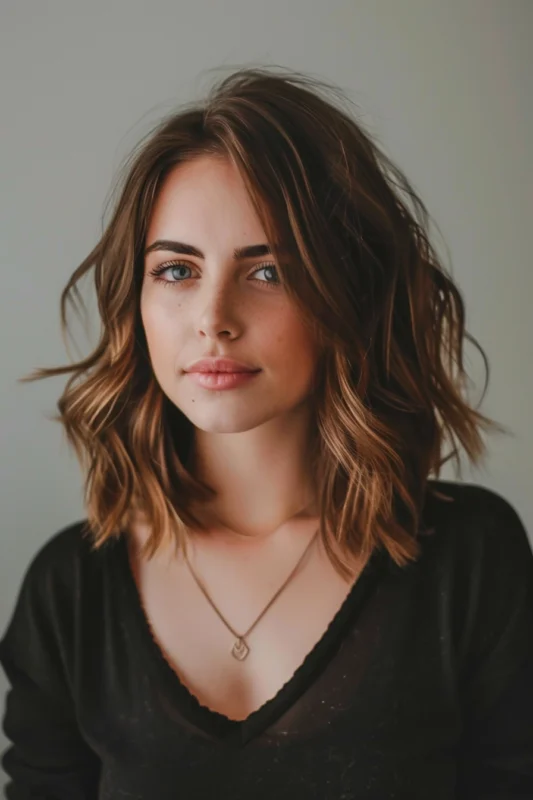 A medium-length wavy lob with sun-kissed highlights.