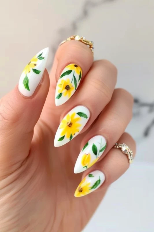 White nails with hand-painted yellow flowers and foliage.