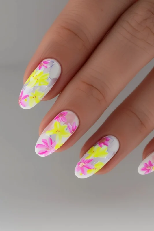 White nails with neon yellow and pink floral designs.