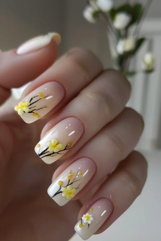 Nude nails with white ombre tips and yellow floral design.