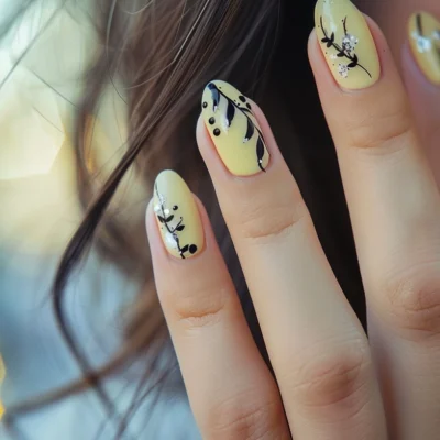 Photo of beautiful yellow nails with black detailing.