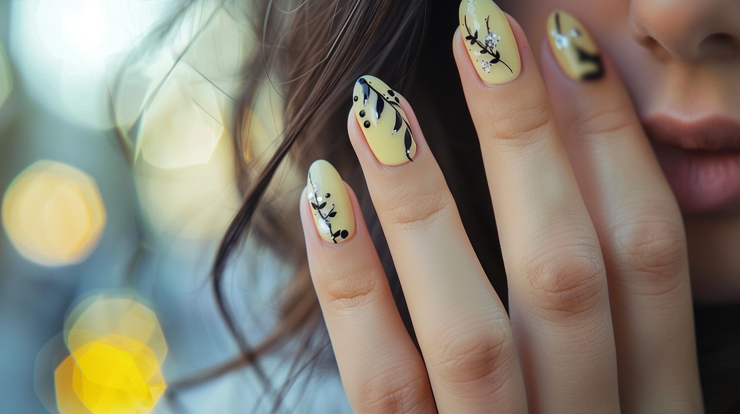 Photo of beautiful yellow nails with black detailing.
