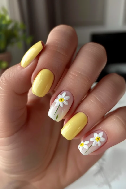Alternating yellow and white daisy nail design