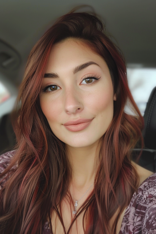 Woman with auburn brown hair and red highlights.