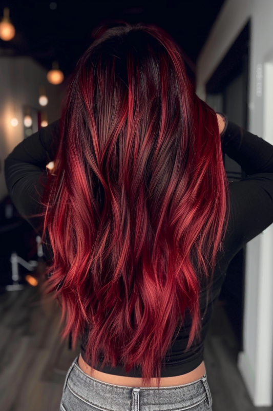 Woman with brown hair and bright red balayage.