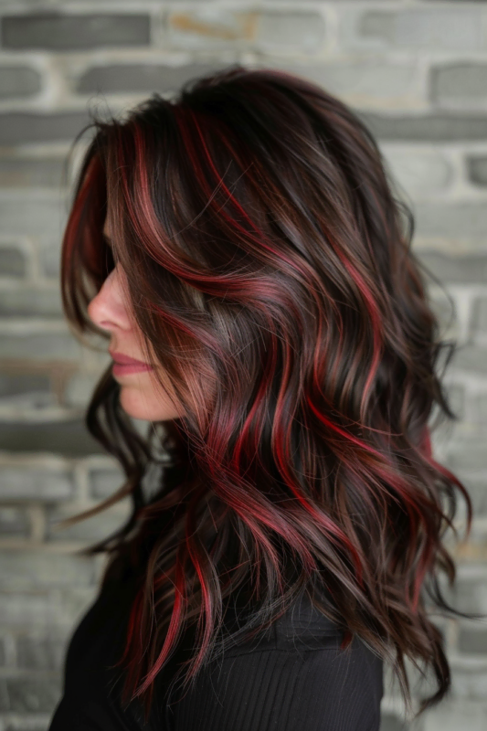 Vibrant red highlights in wavy brown hair.