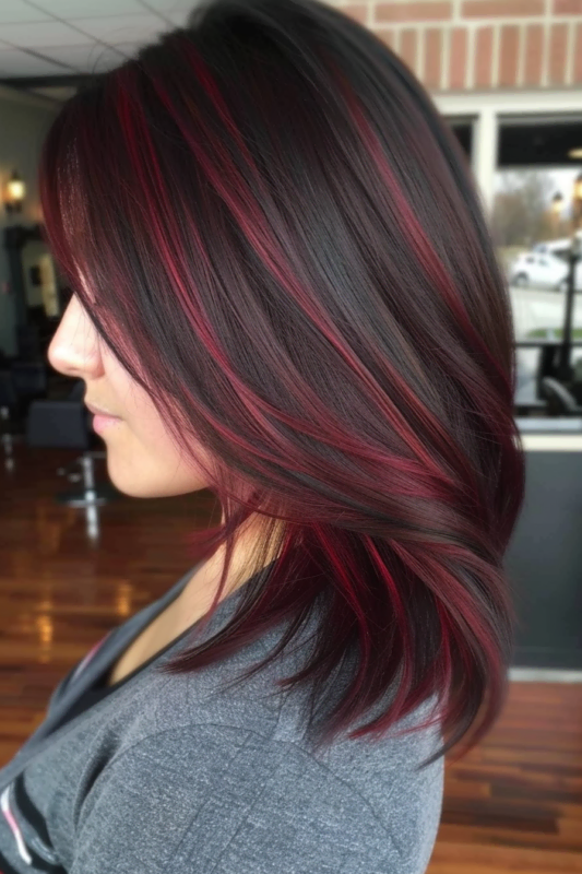 Brown hair with bold red highlights.