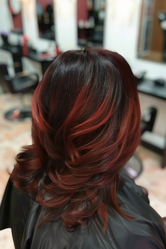 Crimson red balayage on dark brown hair.