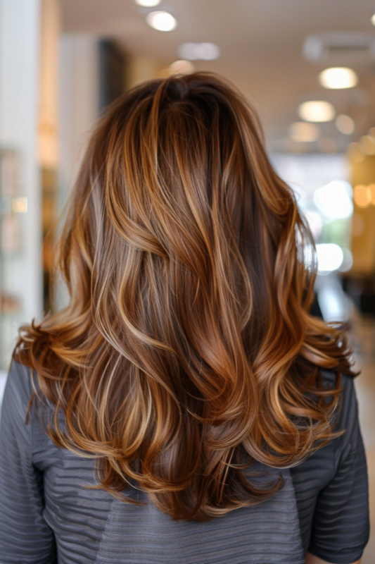 Woman with brown hair featuring vibrant copper highlights.
