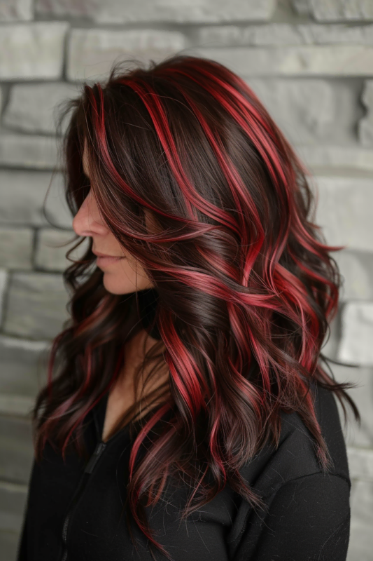 Woman with wavy brown hair and vibrant red highlights.