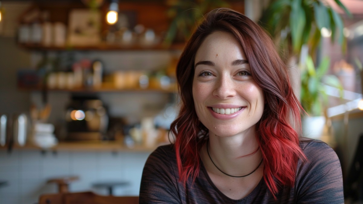 Photo of a woman with brown hair and red highlights.