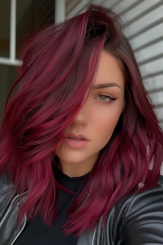 Woman with a magenta red balayage on auburn brown hair.