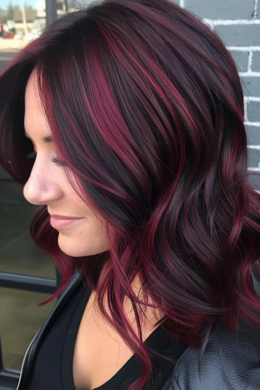 Woman with dark brown hair and burgundy/wine red highlights.